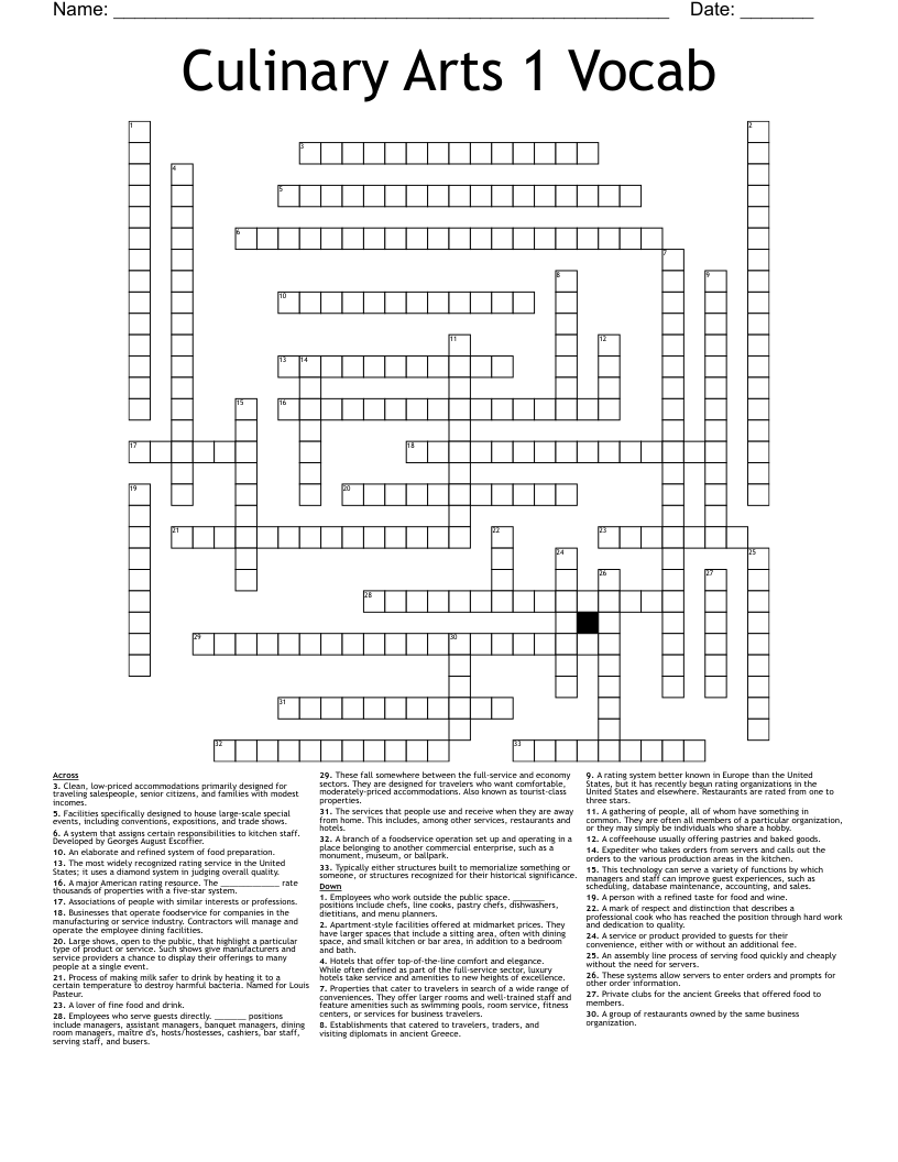 Culinary Arts 1 Vocab Crossword WordMint
