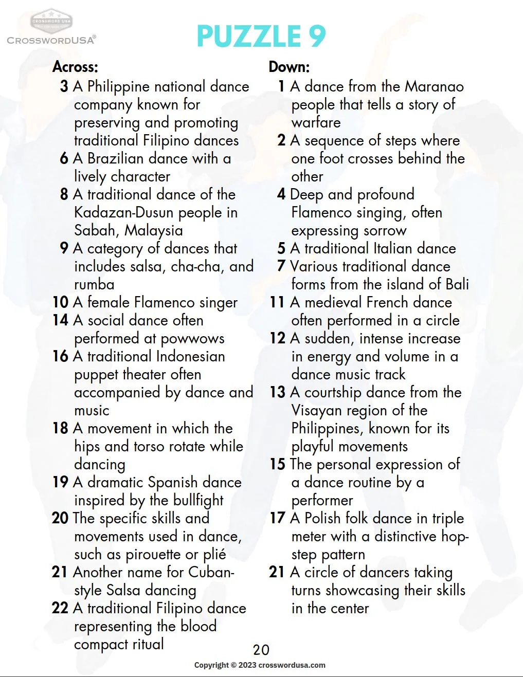 Dance Crossword Puzzle Book Large Print Dance Styles History Etsy