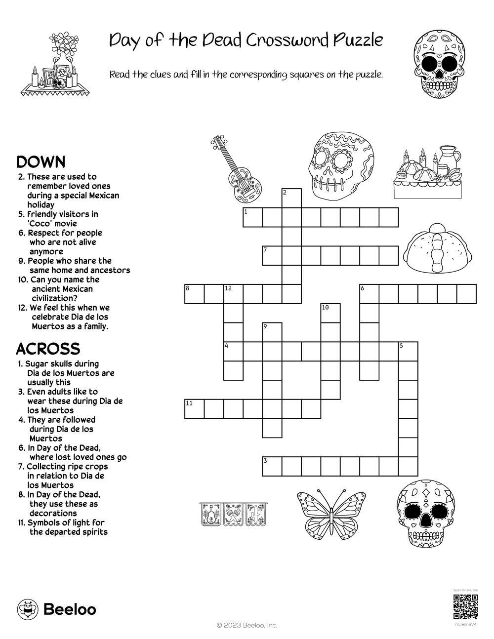 Day Of The Dead Crossword Puzzle Beeloo Printable Crafts And Activities For Kids