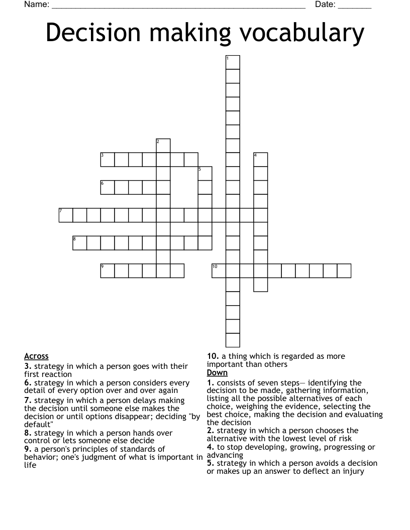 Decision Making Vocabulary Crossword WordMint Decision Making Vocabulary Crossword WordMint