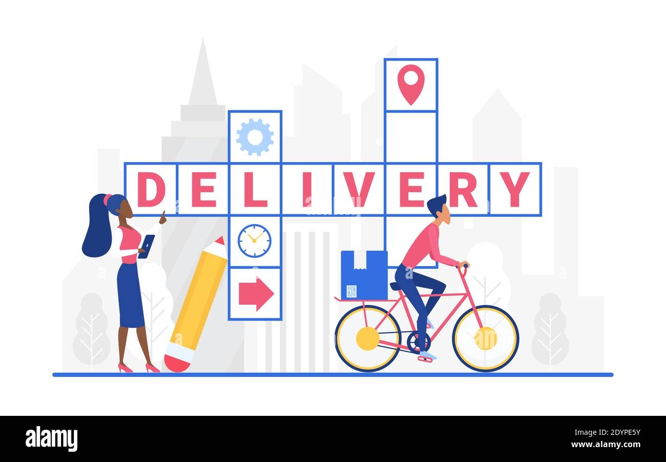 Delivery Crossword Vector Illustration Cartoon Delivering Service Worker Characters Standing Next To Crossword Puzzle With Delivery Word Postman Courier Delivers Parcel By Bike Isolated On White Stock Vector Image Art