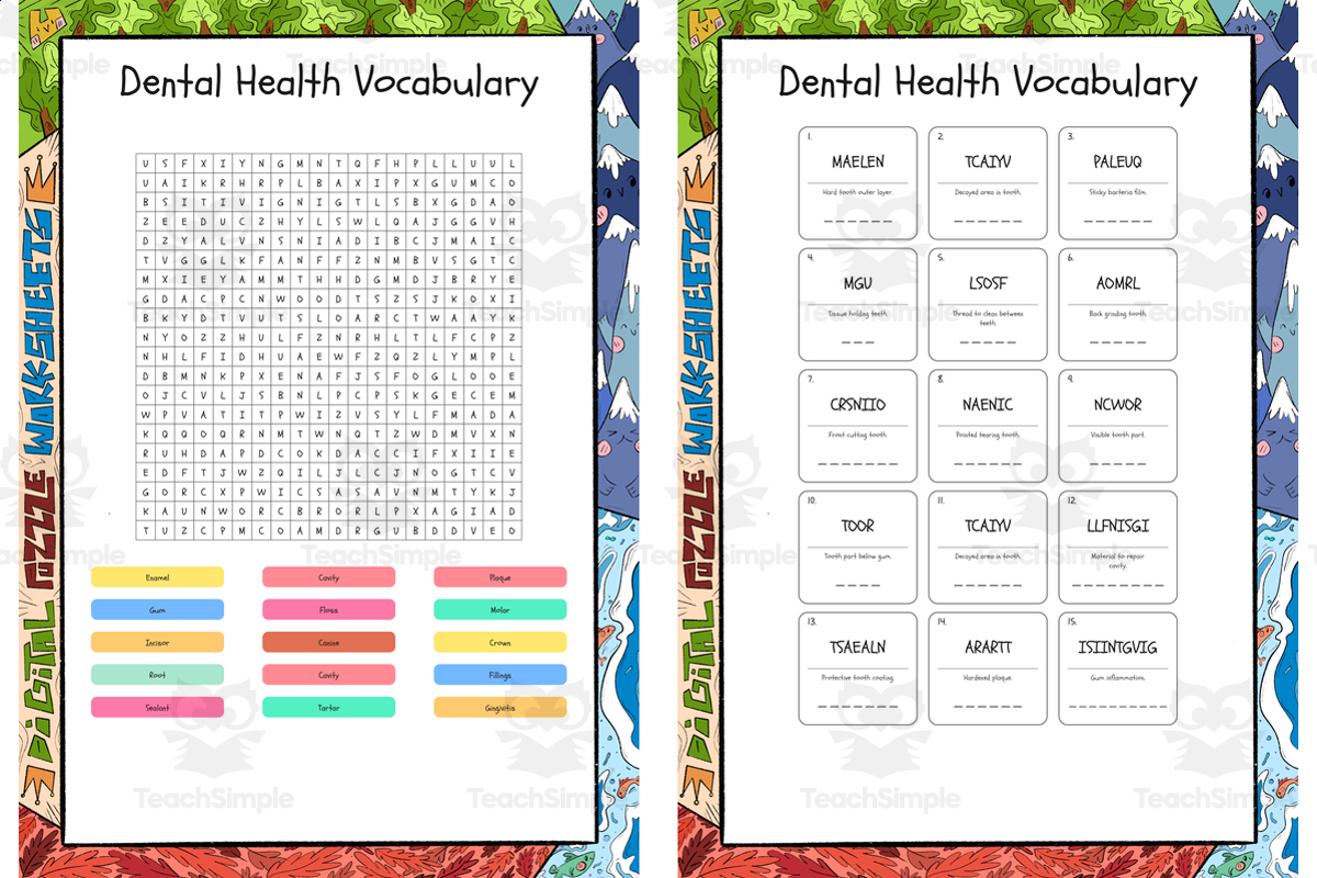 Dental Health Vocabulary Word Search Scramble And Crossword Puzzle By Teach Simple