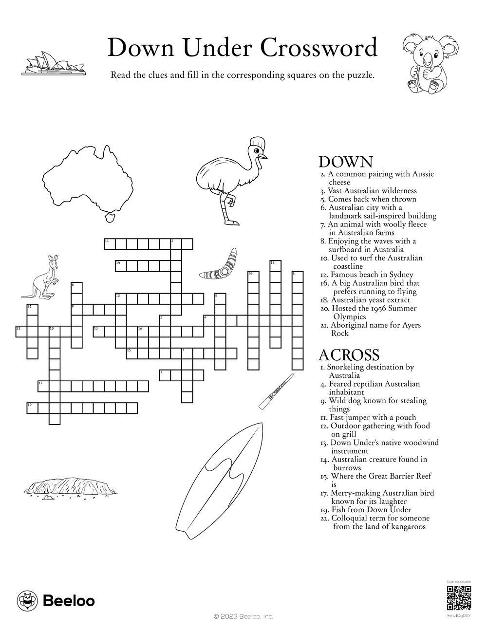Down Under Crossword Beeloo Printable Crafts And Activities For Kids