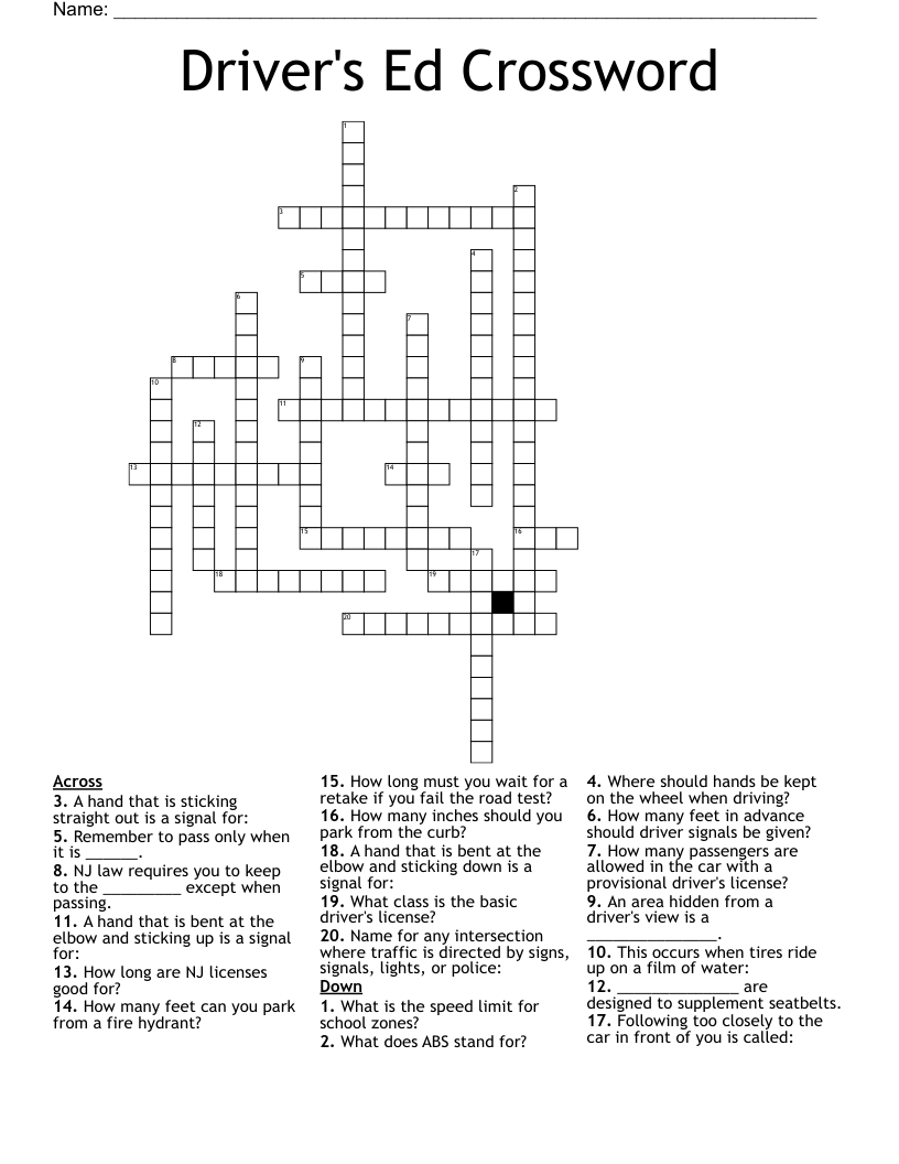 Driver s Ed Crossword WordMint Driver s Ed Crossword WordMint