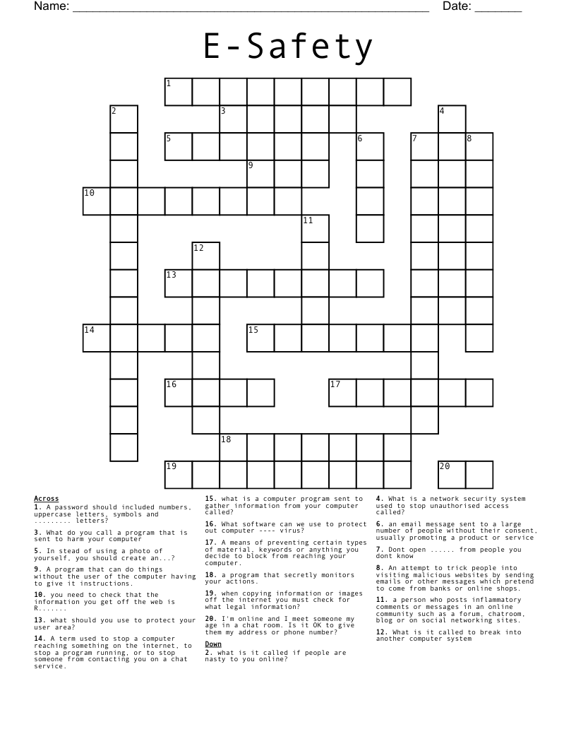 E Safety Crossword WordMint