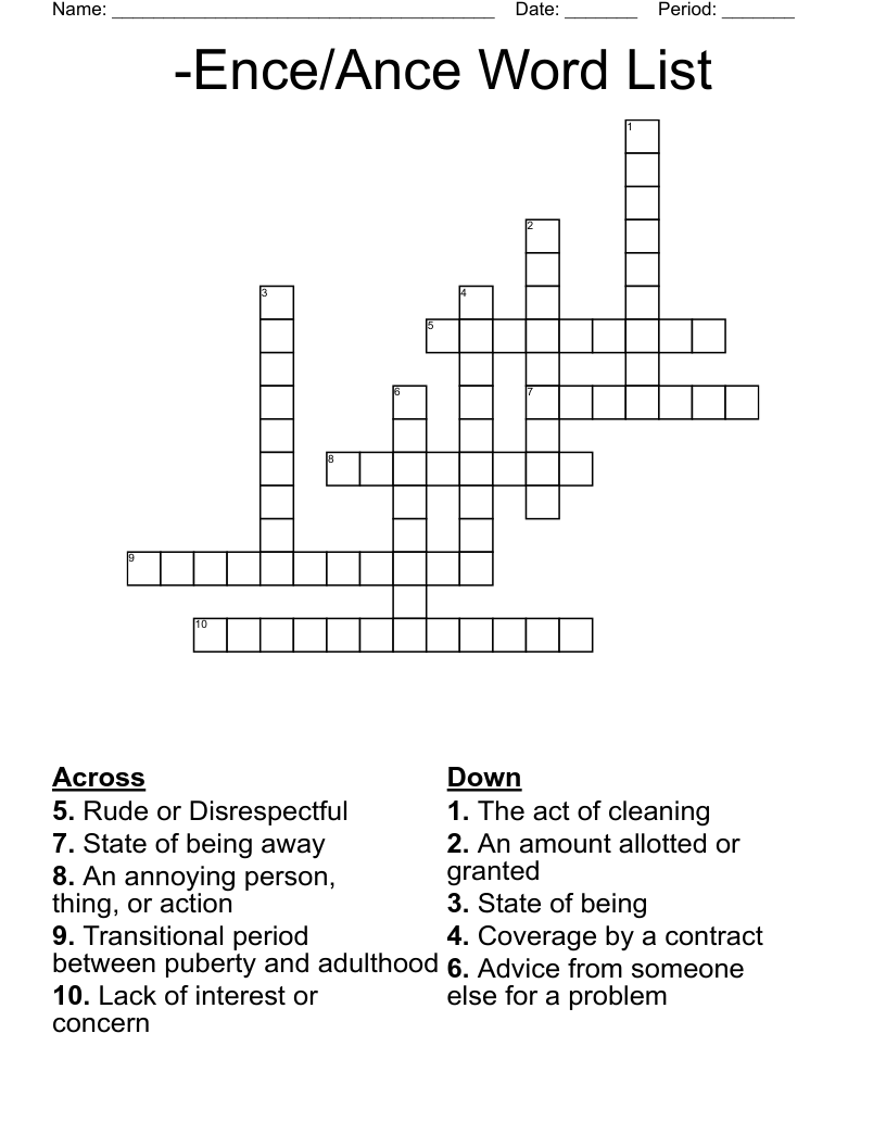 Ence Ance Word List Crossword WordMint