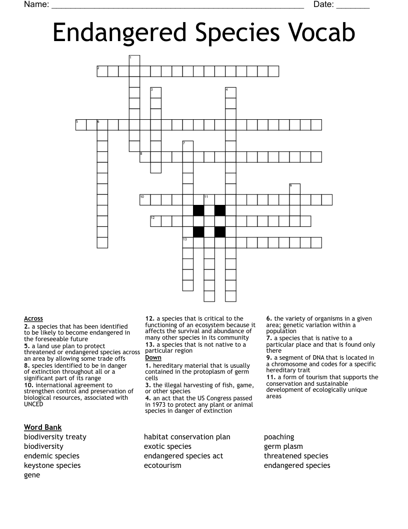 Endangered Species Vocab Crossword WordMint
