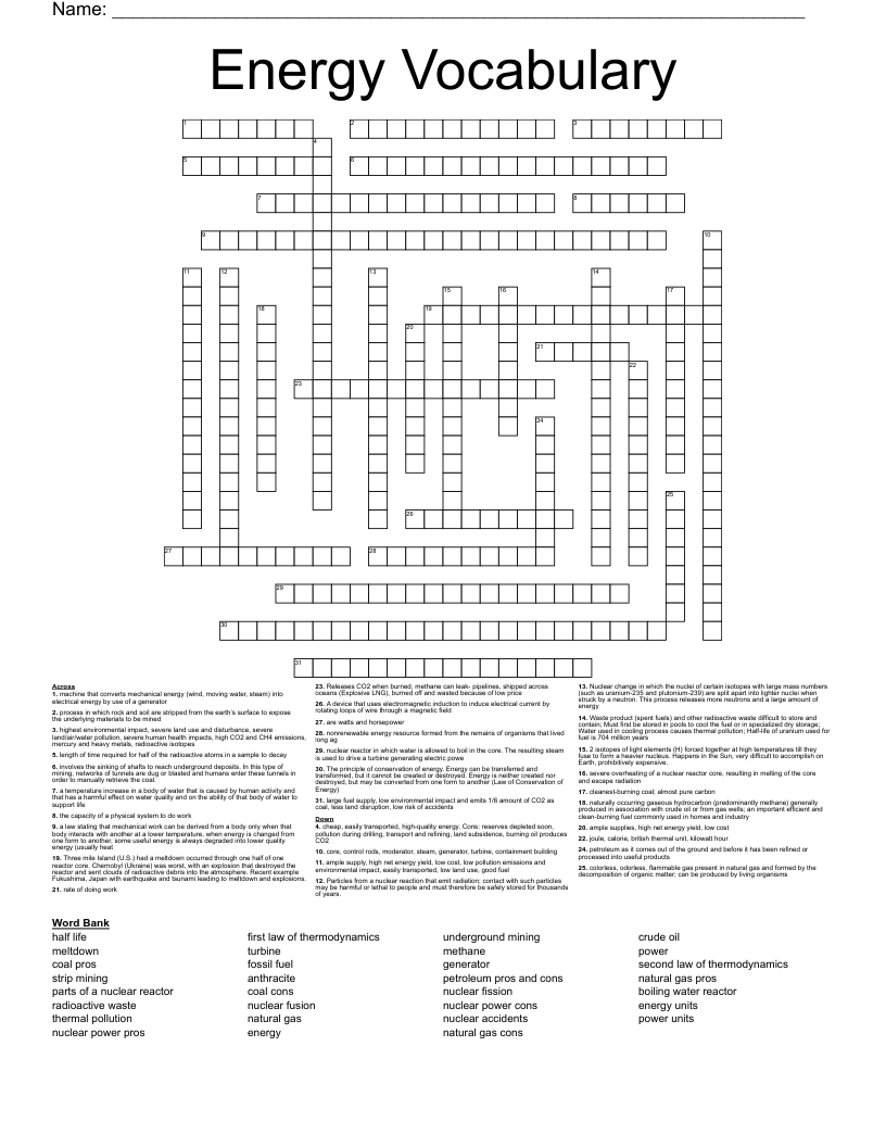 Energy Vocabulary Crossword WordMint