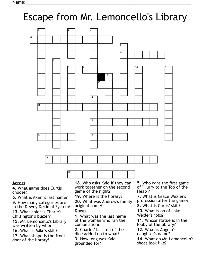Escape From Mr Lemoncello s Library Crossword WordMint