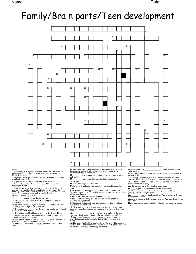 Family Brain Parts Teen Development Crossword WordMint Family Brain Parts Teen Development Crossword WordMint