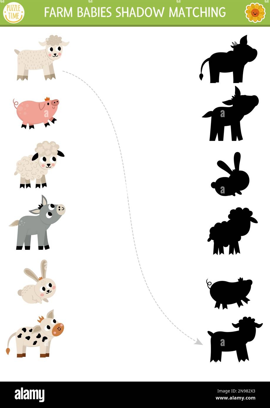 Farm Shadow Matching Activity With Baby Animals Country Village Puzzle With Cute Calf Piglet Lamb Kid Goat Find Correct Silhouette Printable Work Stock Vector Image Art Alamy