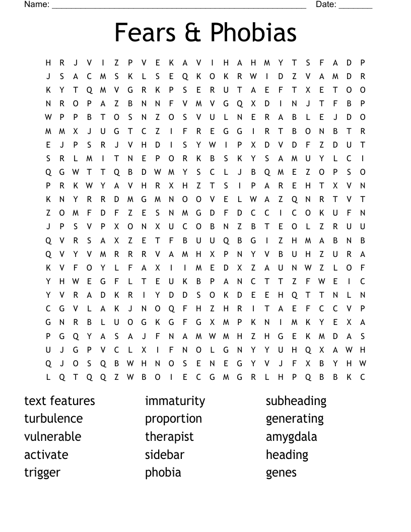 Fears Phobias Word Search WordMint
