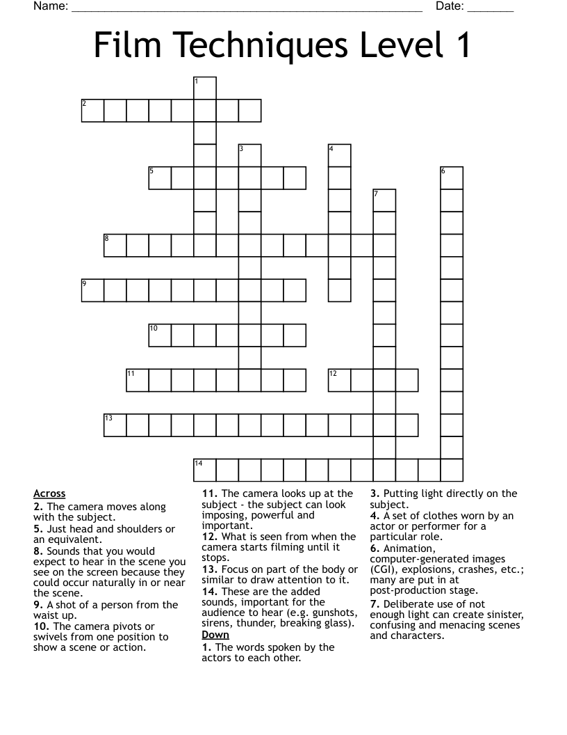 Film Techniques Level 1 Crossword WordMint