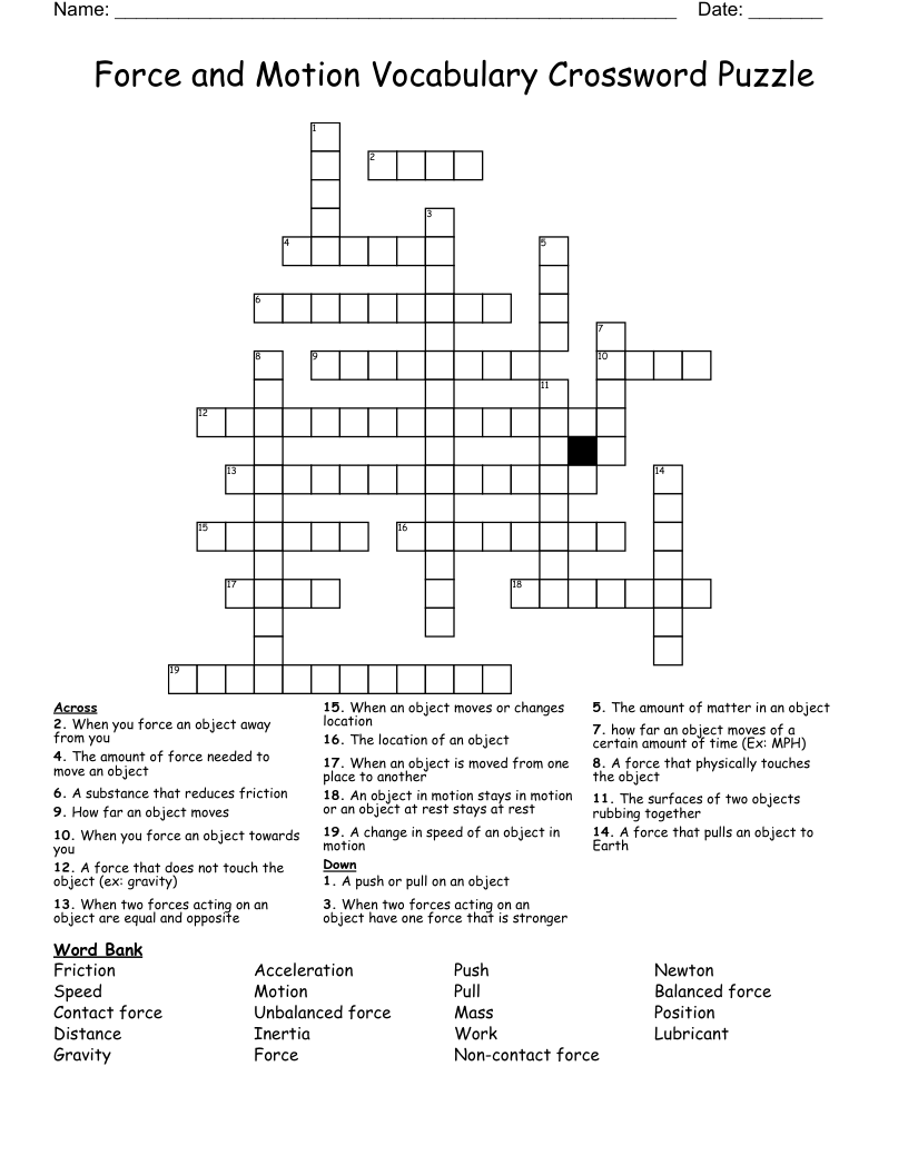 Force And Motion Vocabulary Crossword Puzzle WordMint