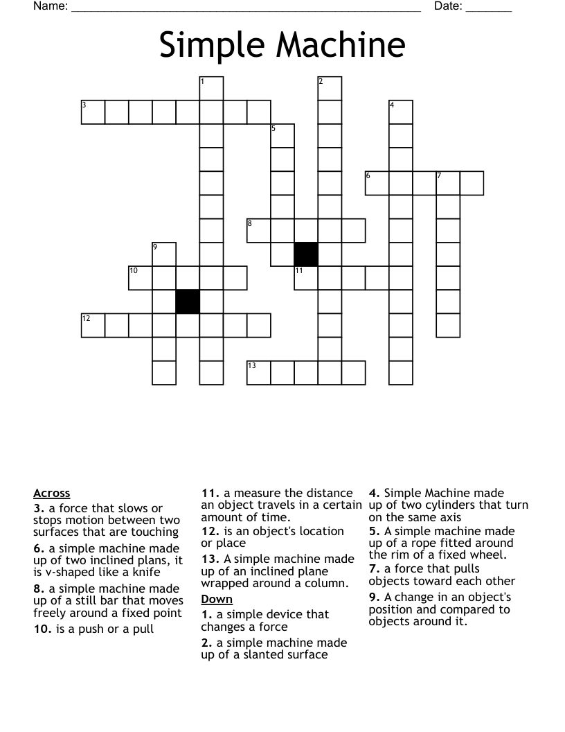 Force Motion And Simple Machines Crossword WordMint