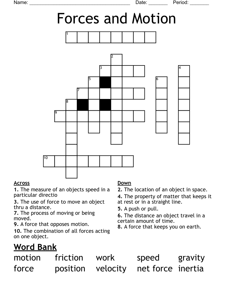 Forces And Motion Crossword WordMint