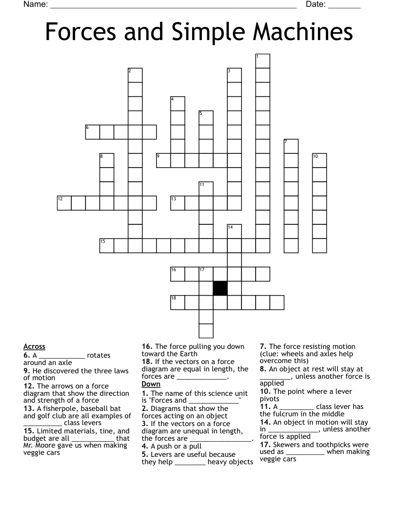 Forces And Simple Machines Crossword WordMint