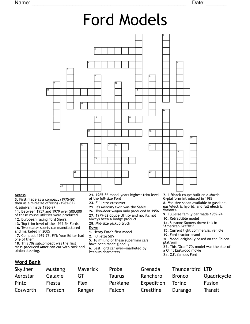 Ford Models Crossword WordMint