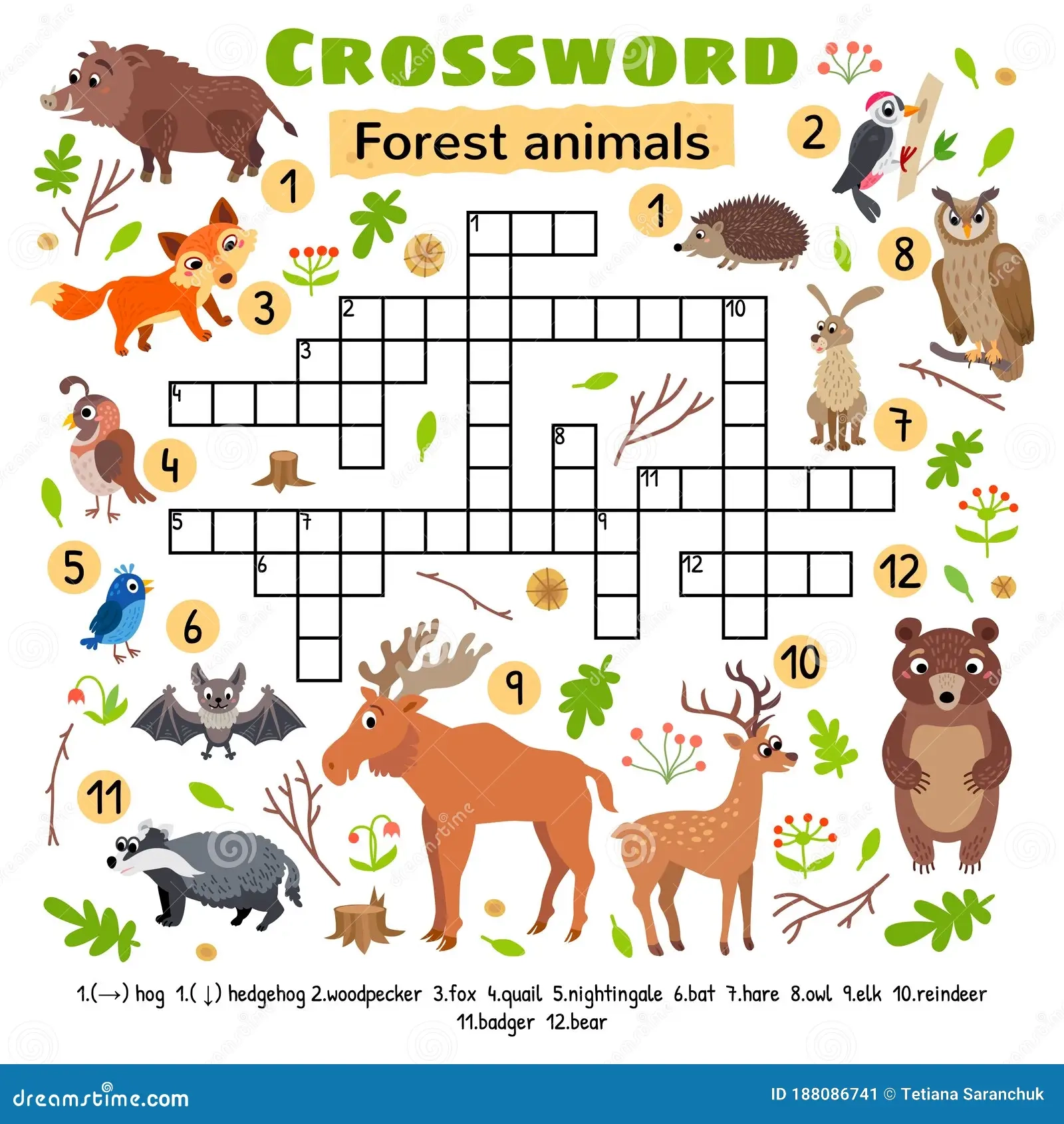 Forest Animals Crossword Game For Preschool Kids Stock Vector Illustration Of Badger Children 188086741