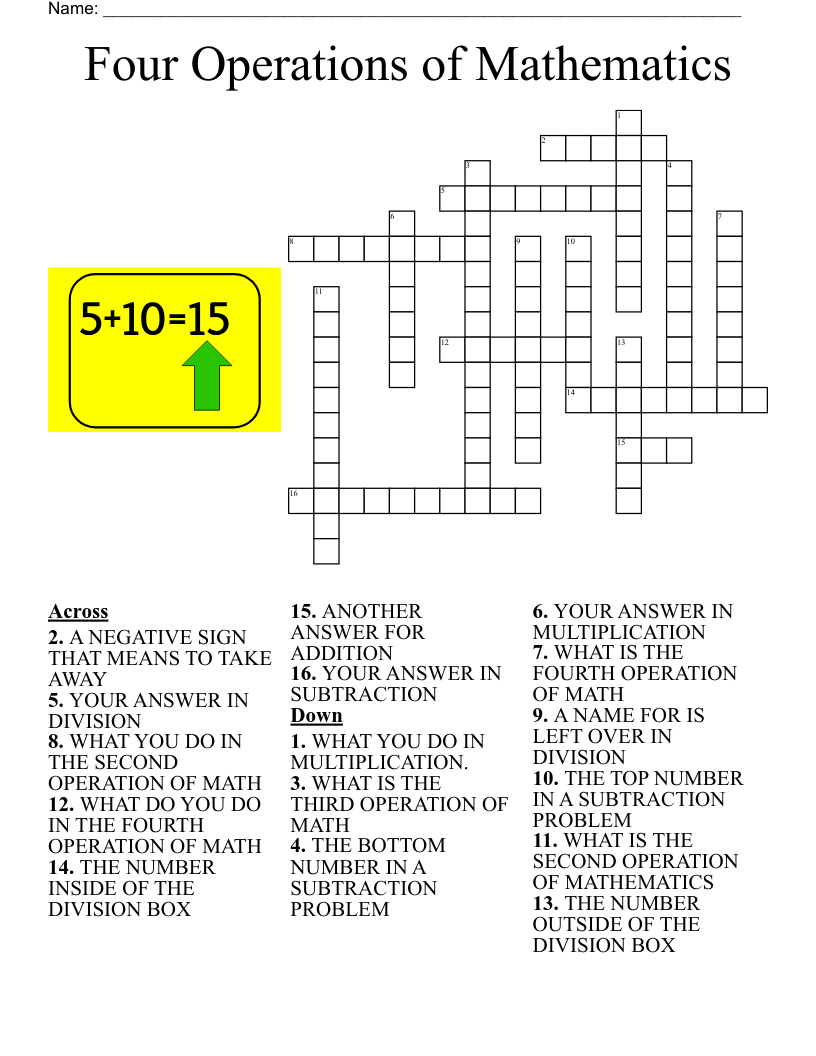 Four Operations Of Mathematics Crossword WordMint