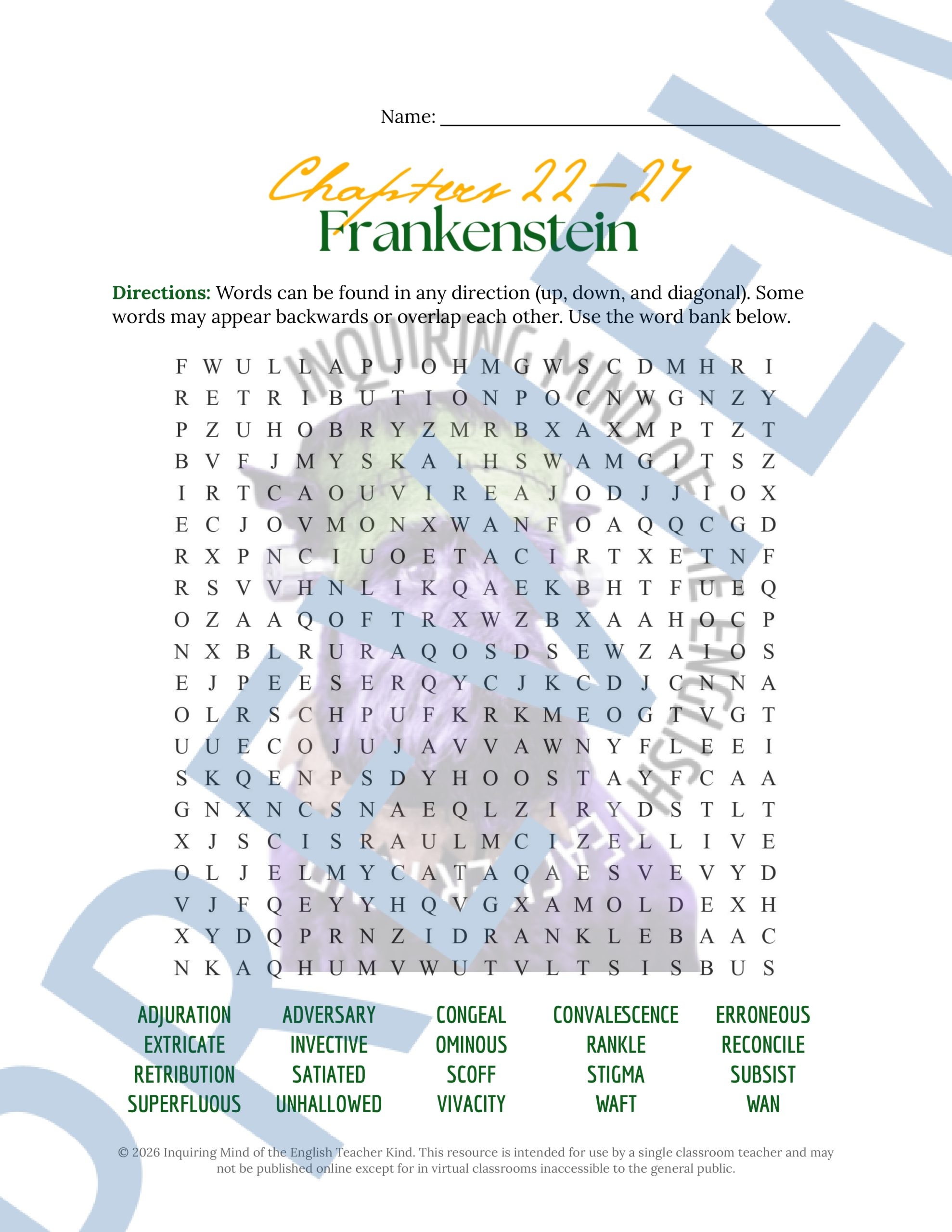 Frankenstein By Mary Shelley Vocabulary Activities Crossword Puzzles Word Searches Made By Teachers