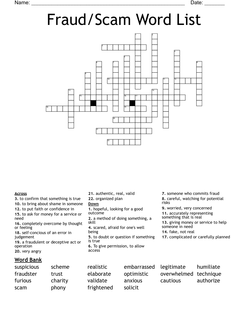 Fraud Scam Word List Crossword WordMint