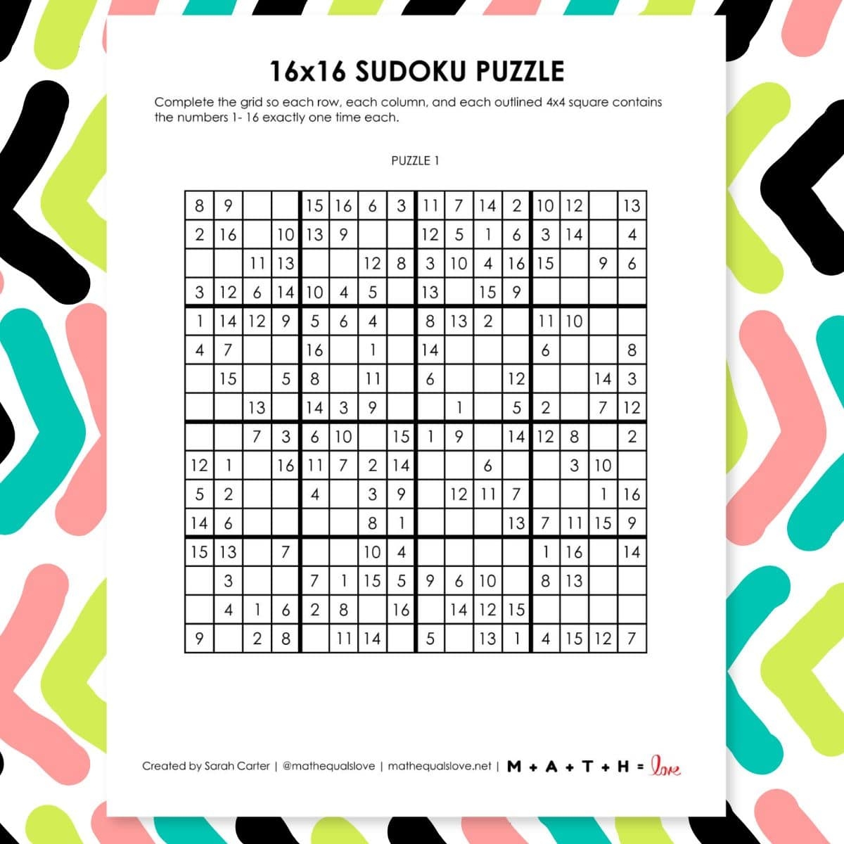 Free 16x16 Printable Sudoku Puzzles PDF