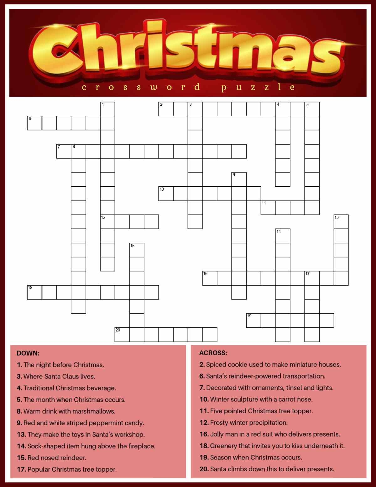 Free Christmas Crossword Puzzle Printable PDF JPG 