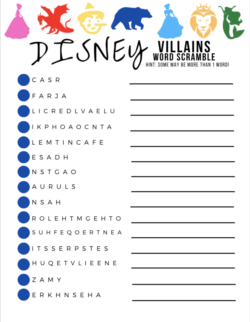 Free Disney Word Scramble Printable 4 Sheets Answer Keys 
