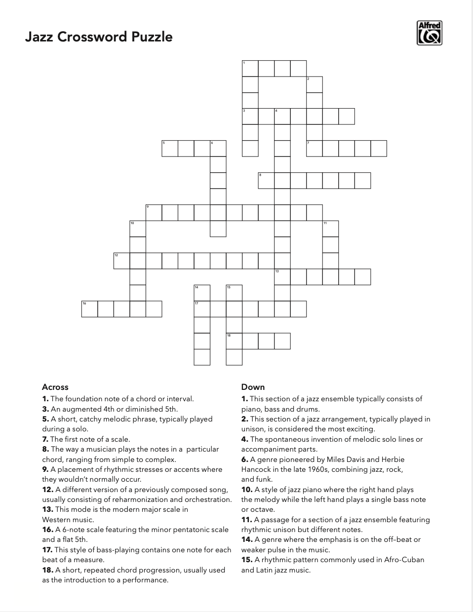 Free Music Activity Jazz Crossword Puzzle Alfred Music