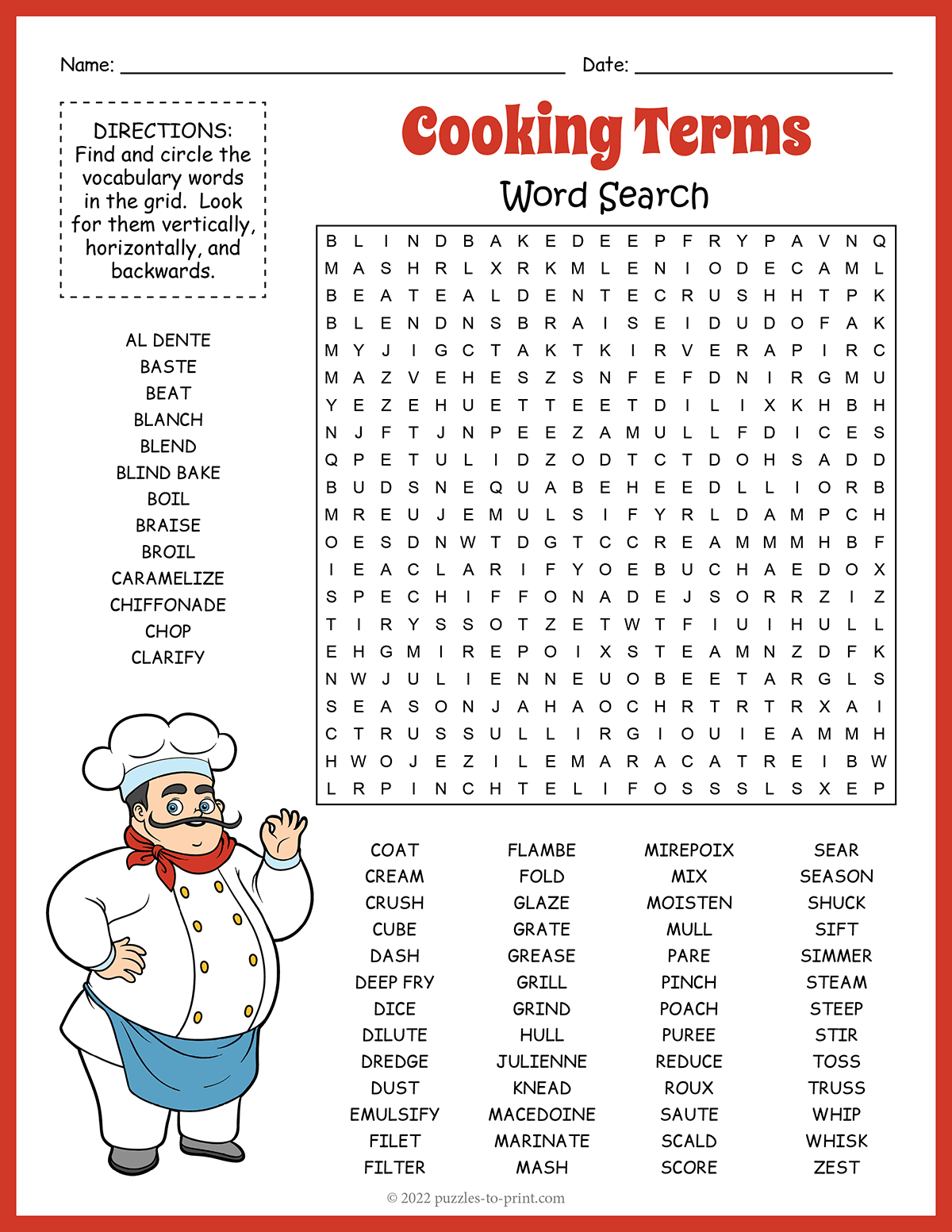 Free Printable Cooking Terms Word Search