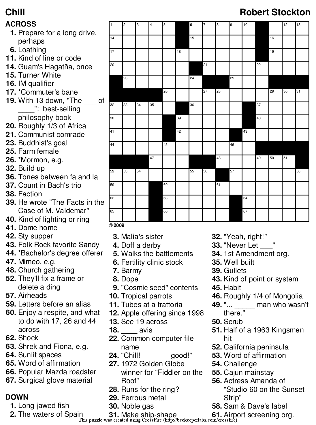 Free Printable Crossword 135 Chill Beekeeper Crosswords