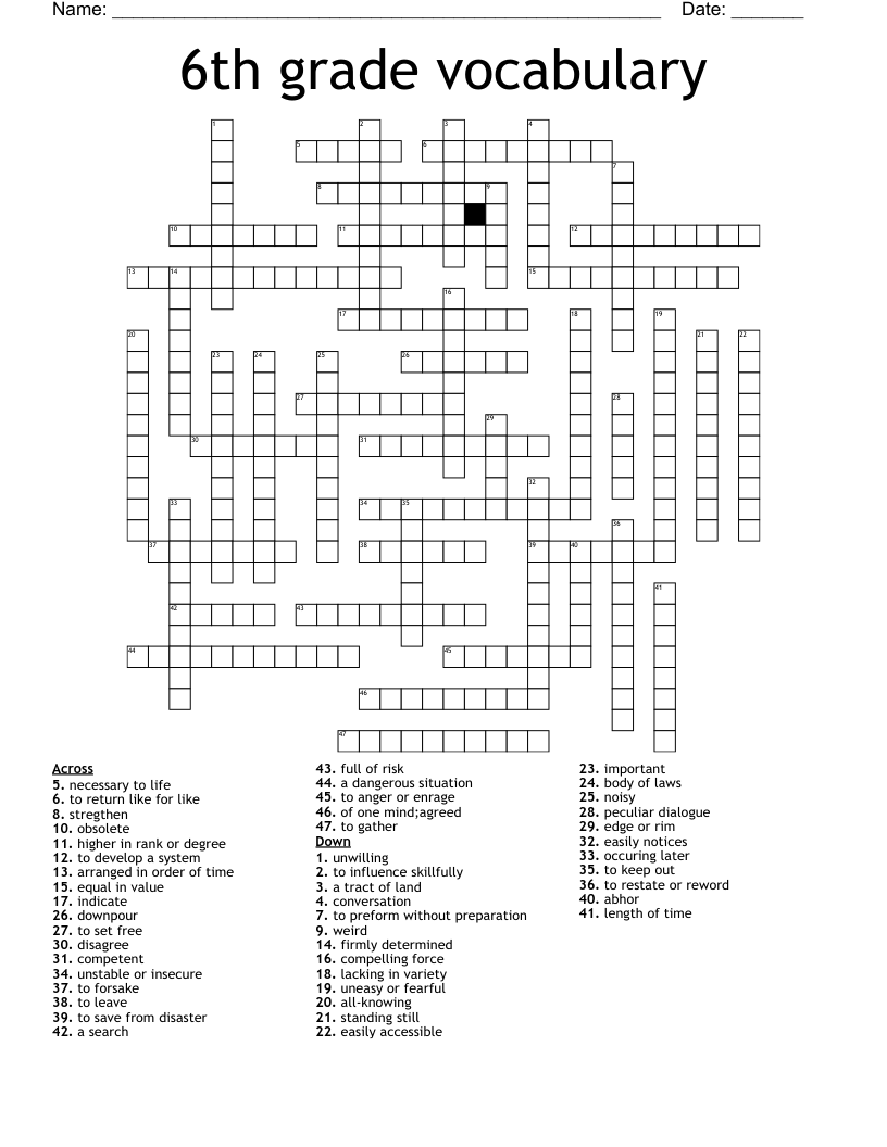 Free Printable Crossword Puzzles For Grade 6 Worksheets Library