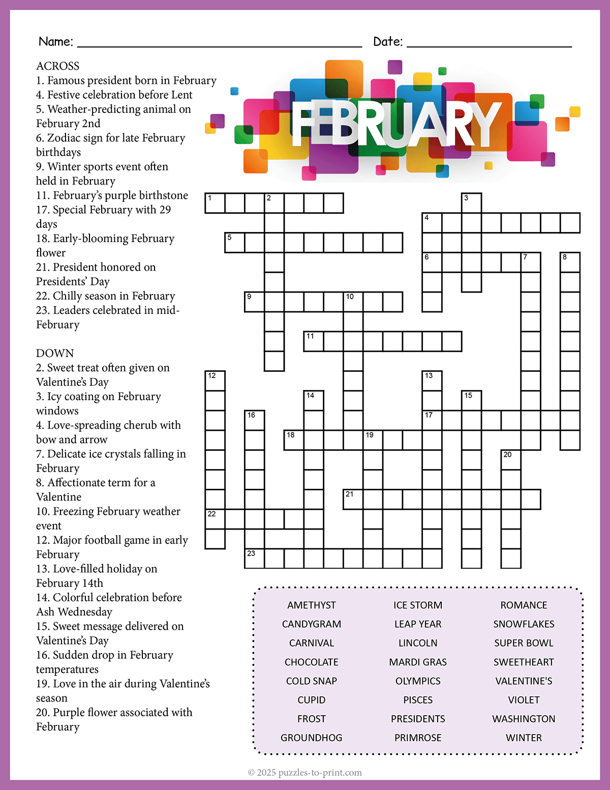 Free Printable February Crossword Free Printable February Crossword