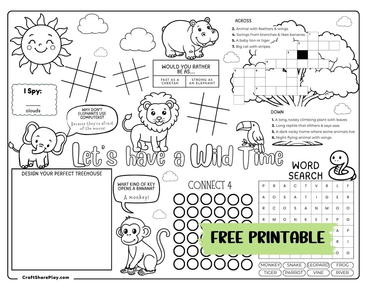 Free Printable Jungle Safari Activity Placemats For Kids Craft Share Play