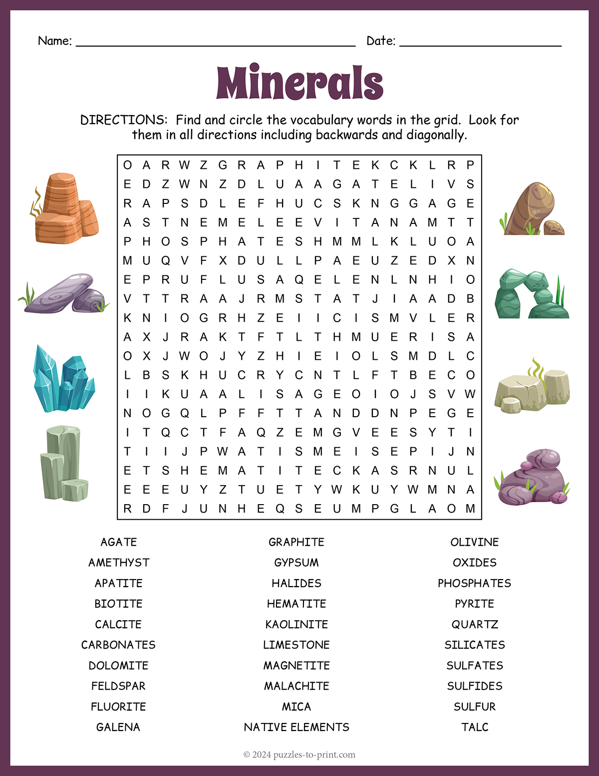 Free Printable Minerals Word Search