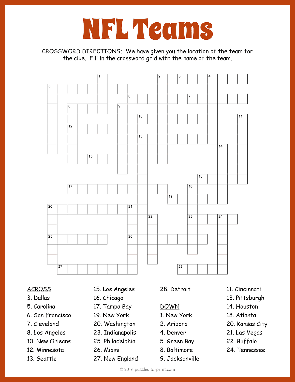 Free Printable Nfl Teams Crossword Free Printable Nfl Teams Crossword