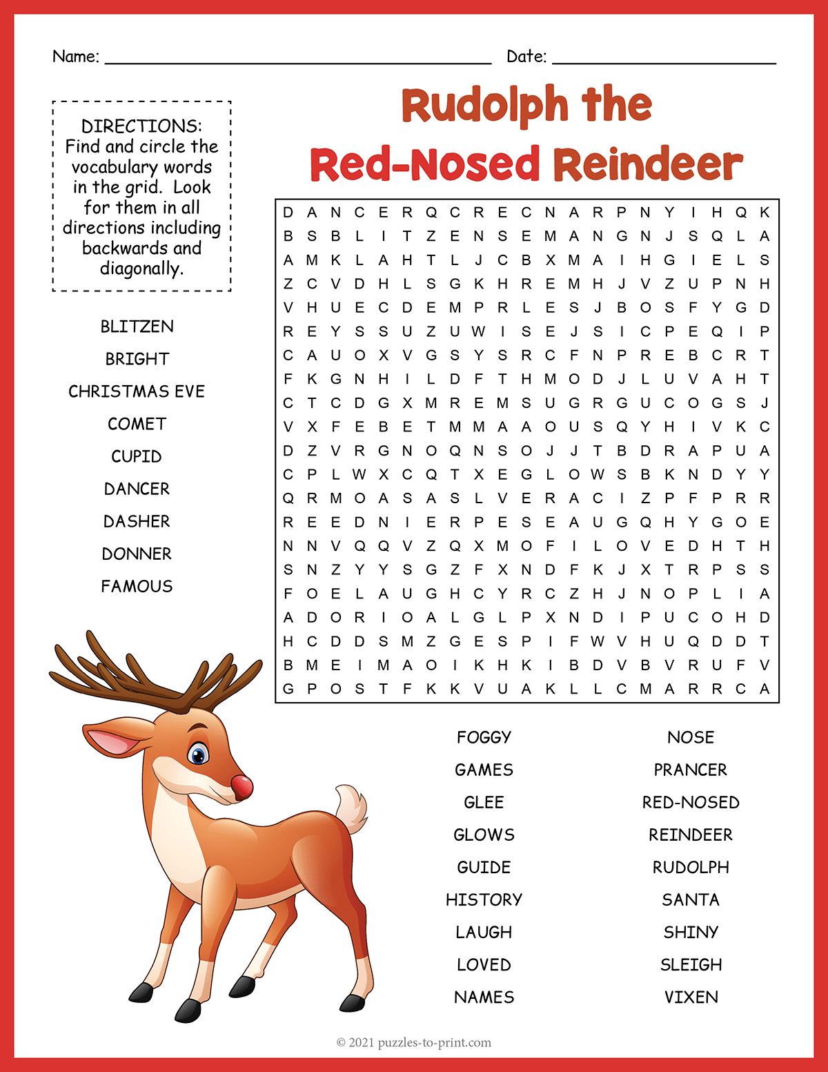 Free Printable Rudolph The Red Nosed Reindeer Word Search