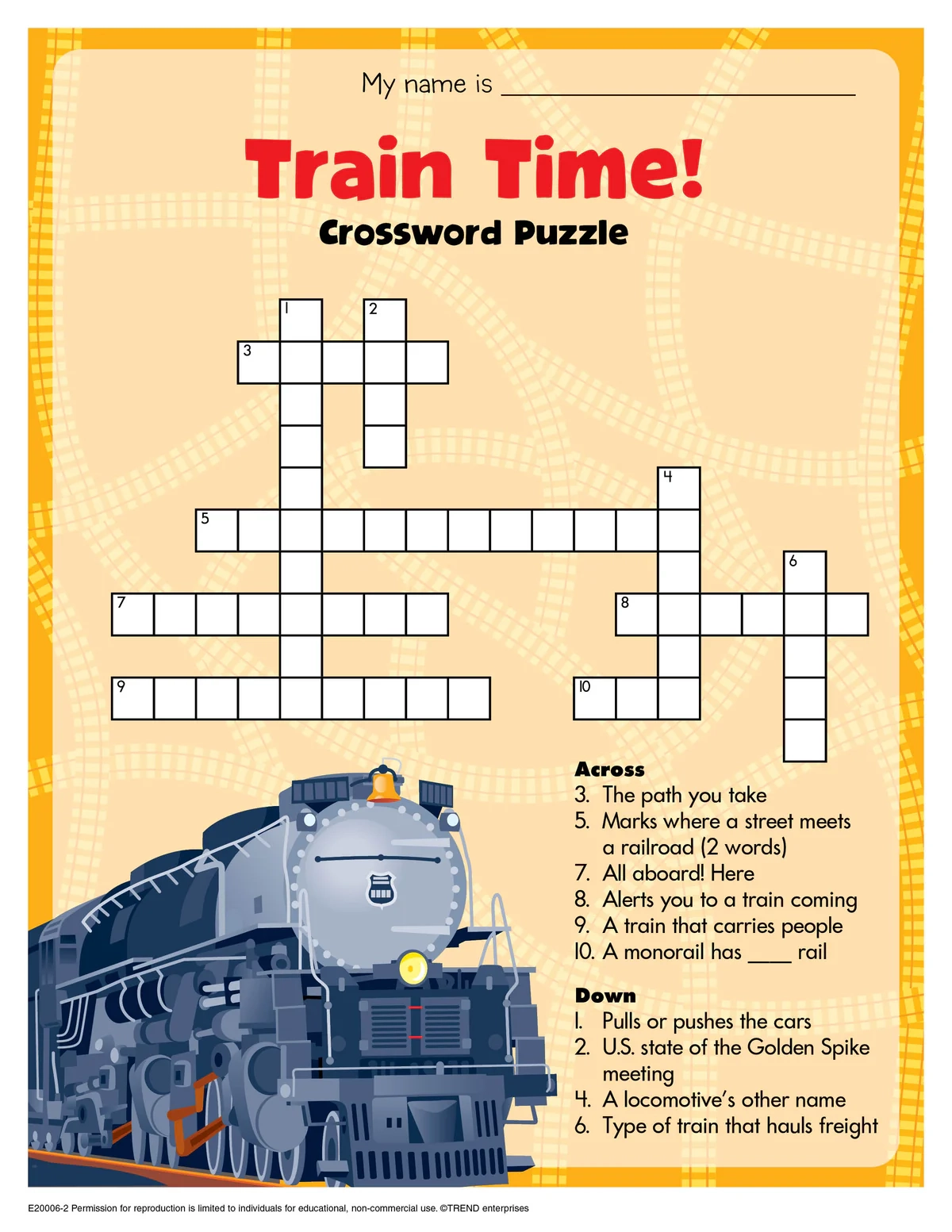 Free Printable Train Time Crossword Puzzle TREND Enterprises
