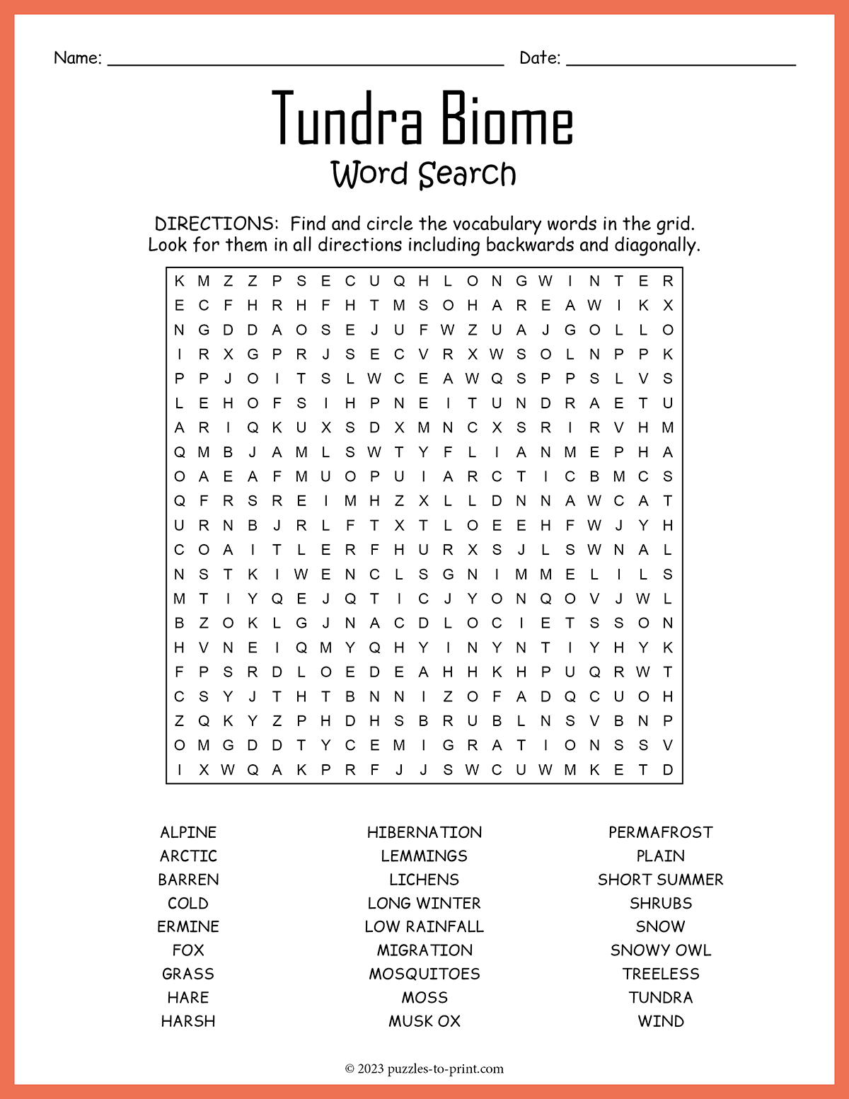 Free Printable Tundra Biome Word Search