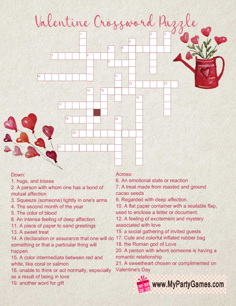 Free Printable Valentine s Day Crossword Puzzle With Answer Key Valentines Printables Free Valentines Puzzles Valentines Printables
