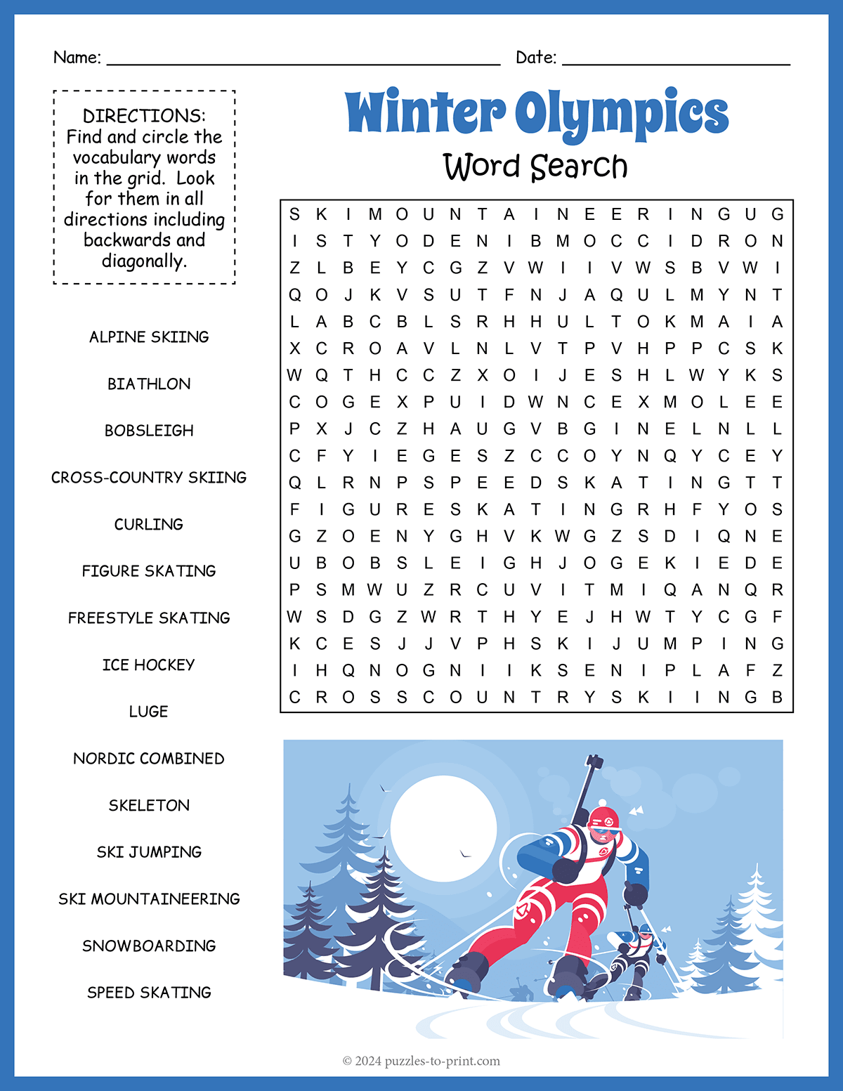 Free Printable Winter Olympics Word Search