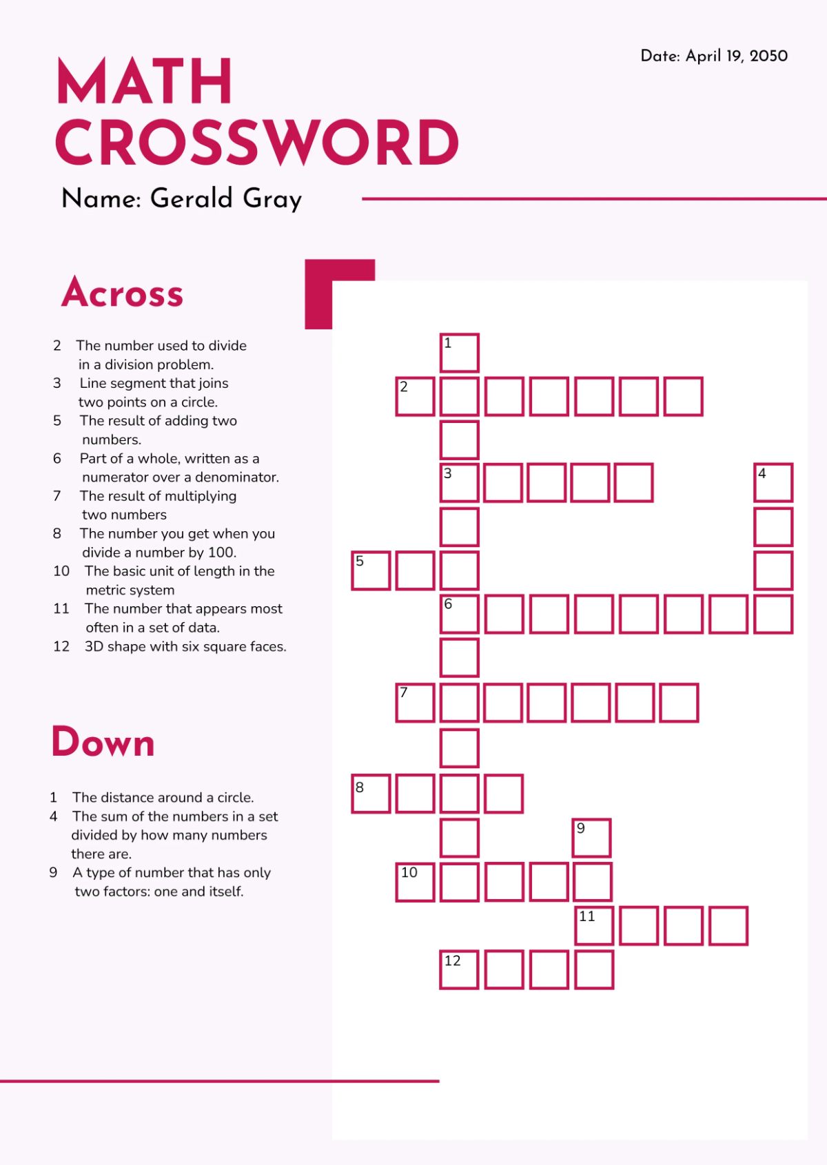 Free Professional Math Crossword Template To Edit Online