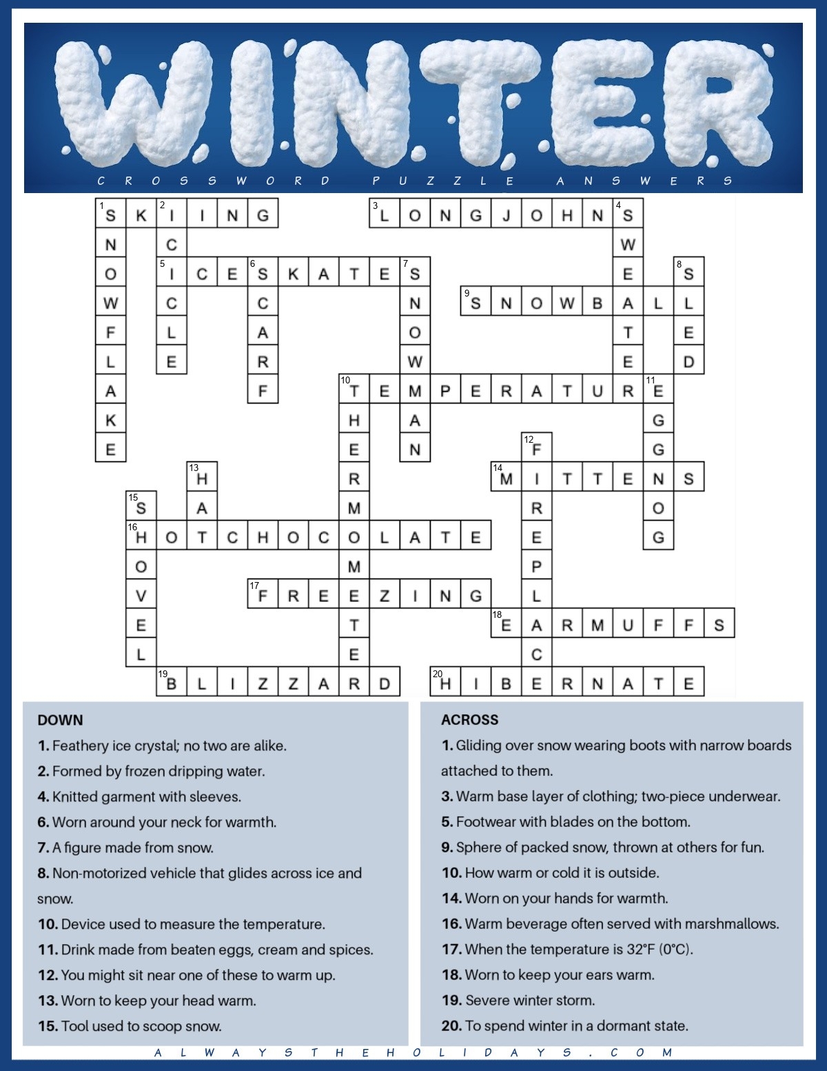 Free Winter Crossword Puzzle Printable With Answers PDF JPG 