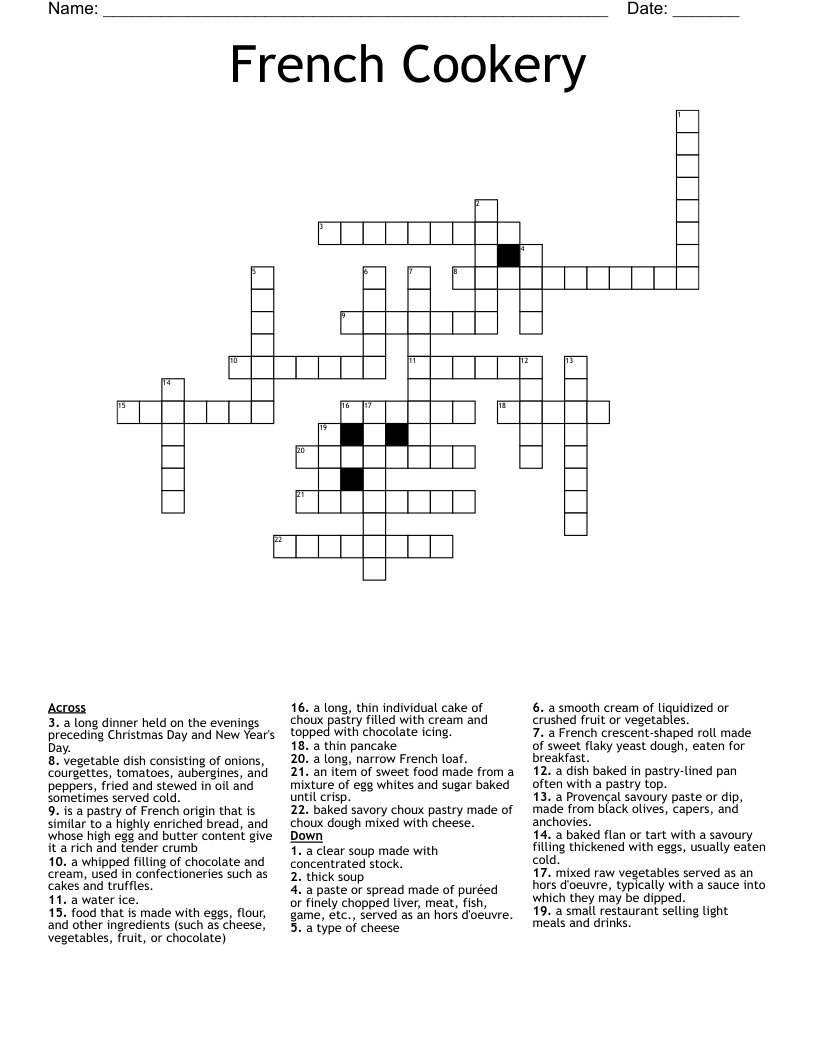 French Cookery Crossword WordMint