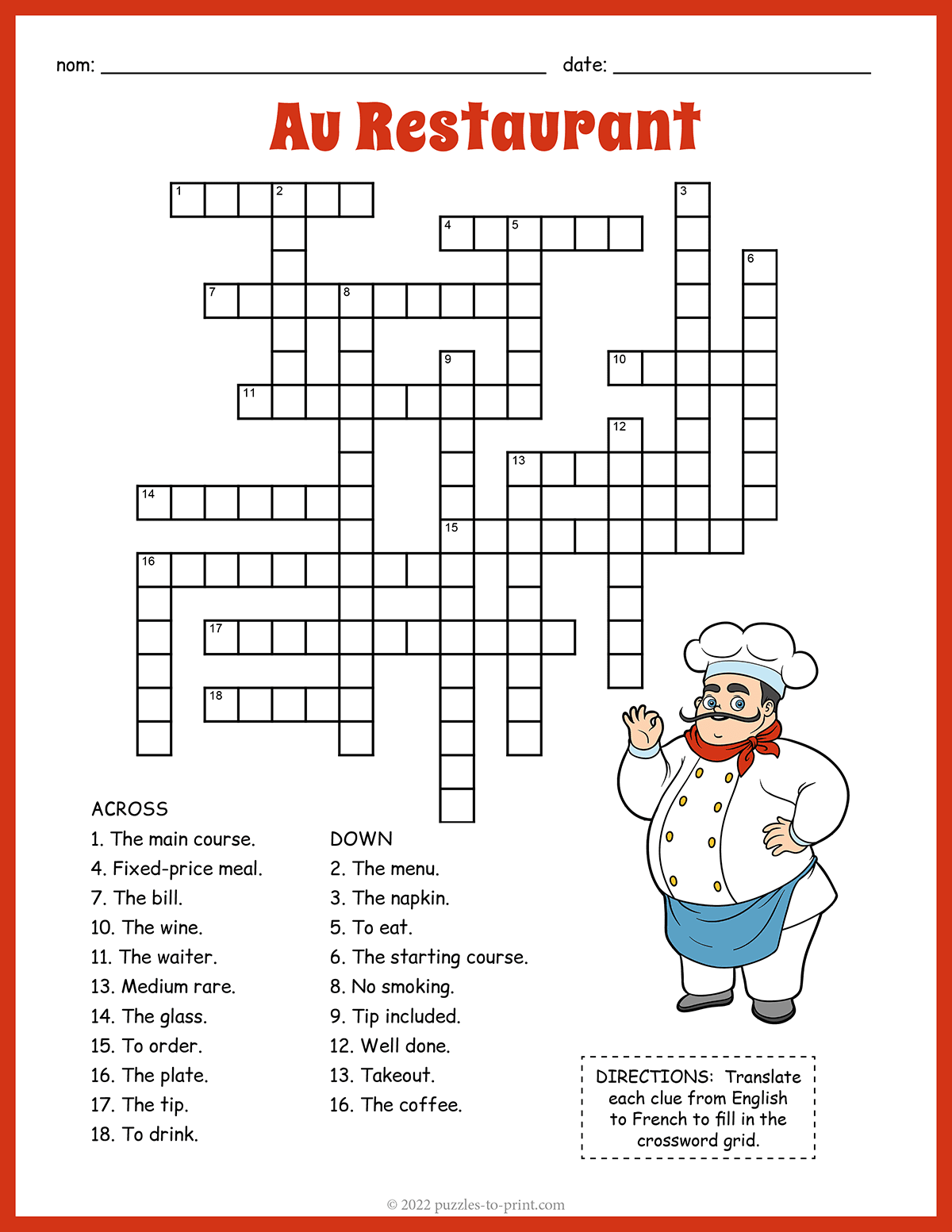 French Restaurant Crossword
