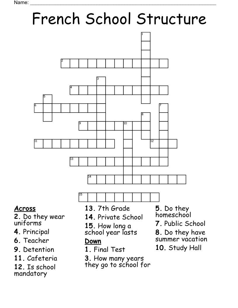 French School Structure Crossword WordMint