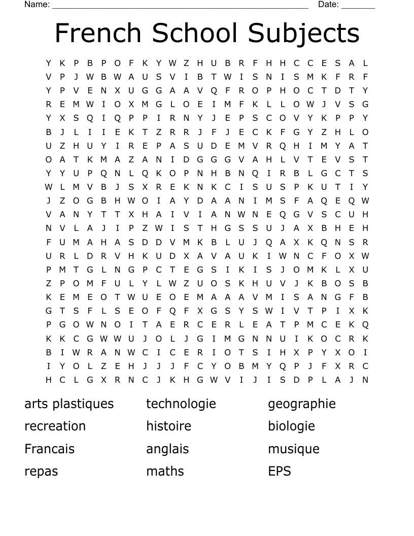 French School Subjects Word Search WordMint