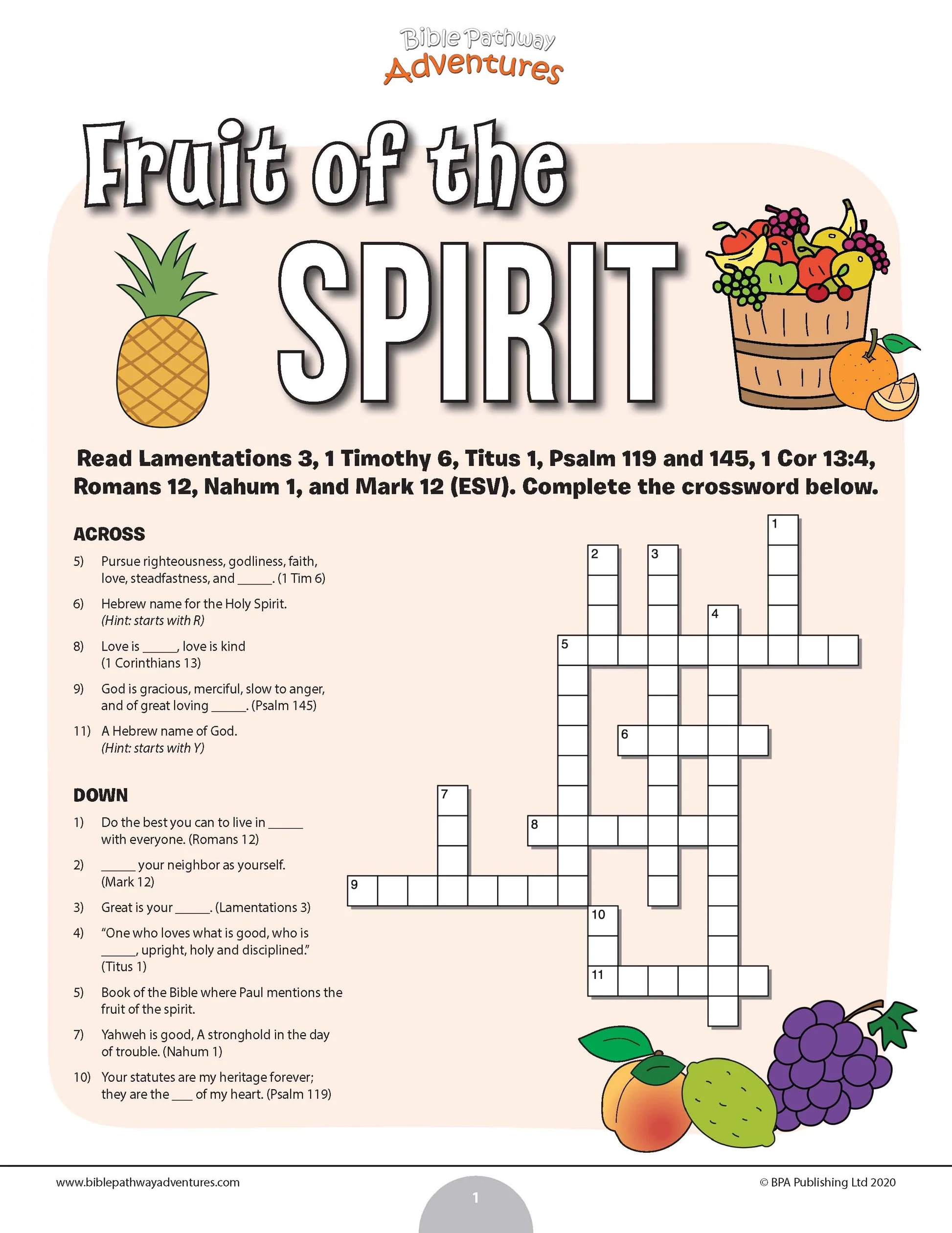Fruit Of The Spirit Bible Crossword Puzzle Grades 3 6 Bible Pathway Adventures