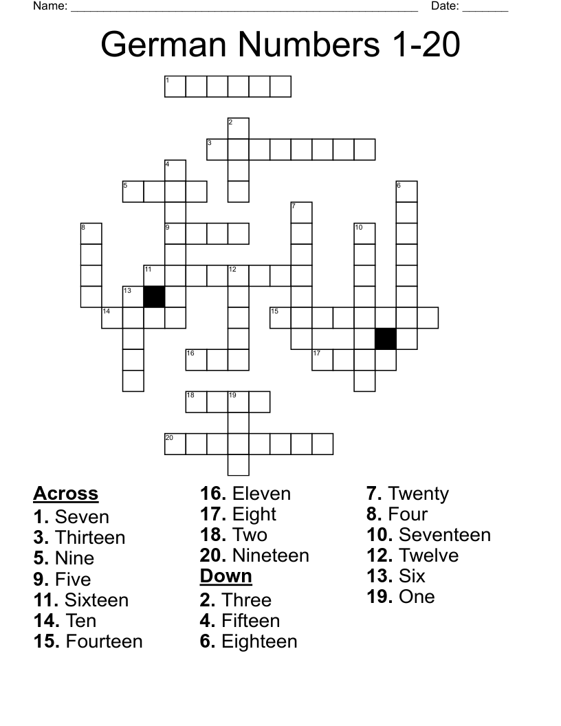 German Numbers 1 20 Crossword WordMint